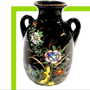 Vintage Asian Black Floral Vase